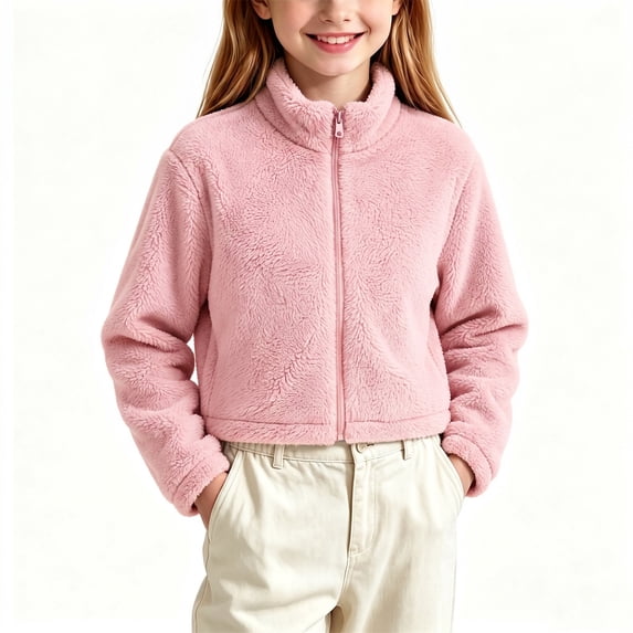 BXJX Girls Fleece Jackets Size 7-8, Zip‑Up Casual Stand Collar Warm Cropped Outerwear Pink