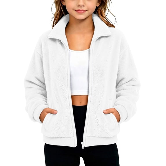 BXJX Girls Fleece Jackets, Stand Collar Long Sleeve Zip‑Up Casual Outerwear with Pockets White Size 8-9 T