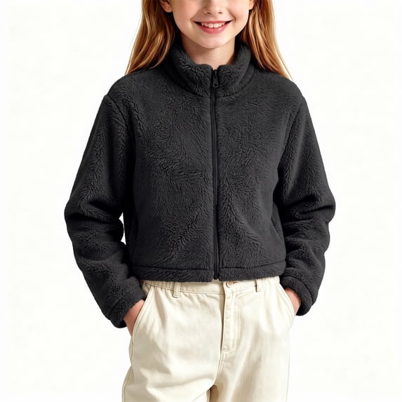 BXJX Girls Fleece Jackets, Warm Zip‑Up Stand Collar Casual Cropped Outerwear Black Size 9-10 T