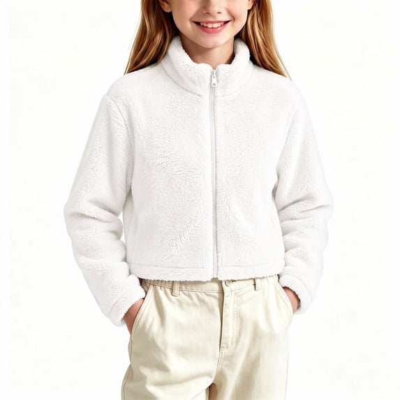 BXJX Girls Fleece Jackets, Zip‑Up Stand Collar Casual Warm Cropped Outerwear White Size 5-6 T