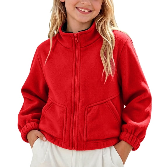 BXJX Girls Fleece Jackets, Zip up Stand-up Collar Long Sleeve Thermal Fall Outerwear with Pockets Red Size 11-12 T