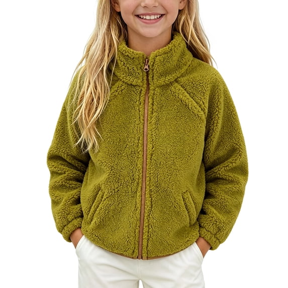 BXJX Girls Fleece Jackets, Zipper Thermal Stand-up Collar Long Sleeve Fall Outerwear with Pockets Green Size 3-4 T