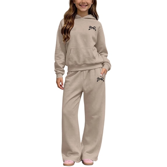 BXJX Girls Fleece Lined Outfit Sets, Fall Winter Sports Long Sleeve 2 PC Hoodies and Straight-leg Pants Sets Khaki Size 7-8 T