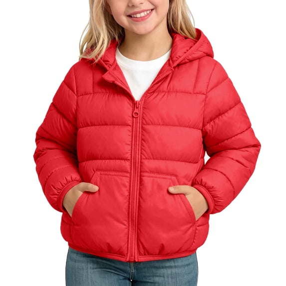 BXJX Girls Hooded Puffer Jackets, Fall Winter Warm Zip up Long Sleeve Outerwear with Pockets Red Size 5-6 T