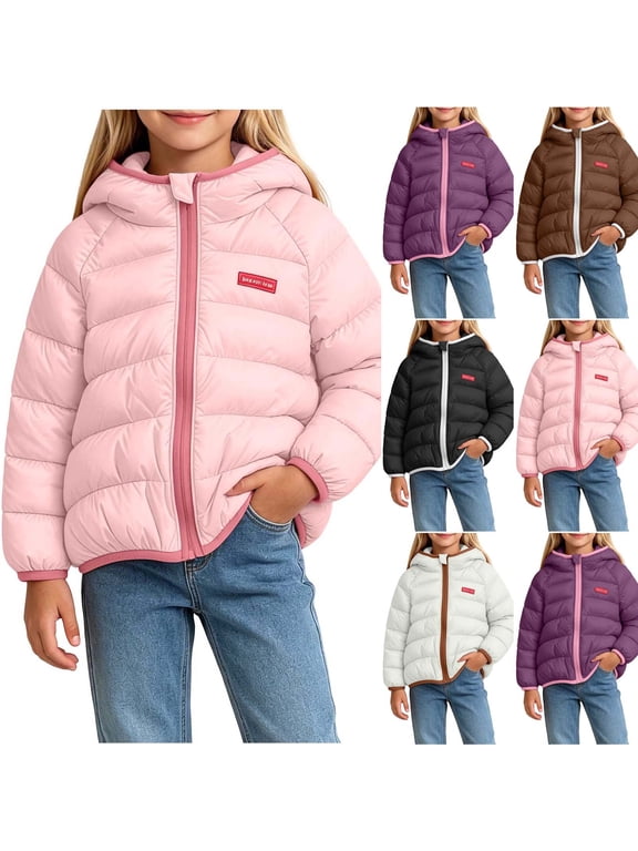 Girls Hooded Puffer Jackets, Warm Long Sleeve Fall Winter Full Zip Lightweight Outerwear Pink Size 6-7 T