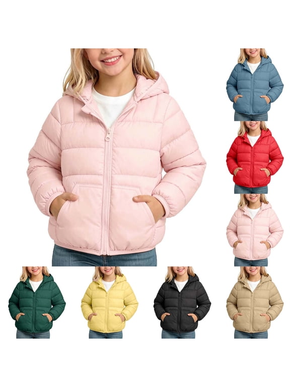 Girls Hooded Puffer Jackets, Zip up Warm Fall Winter Long Sleeve Outerwear with Pockets Pink Size 6 T