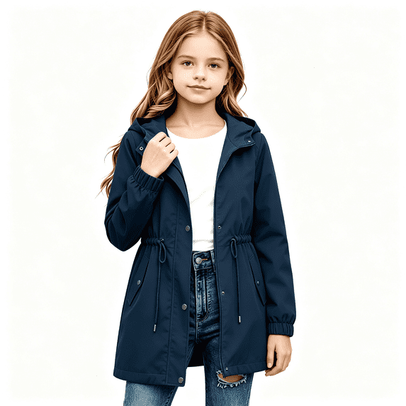 BXJX Girls Hooded Rain Jackets Size 7-8, Full Zip Drawstring Waist Water Resistant Windproof Outerwear with Pockets Navy
