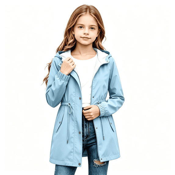 BXJX Girls Hooded Rain Jackets, Windproof Drawstring Waist Full Zip Water Resistant Outerwear with Pockets Light Blue Size 13-14 T