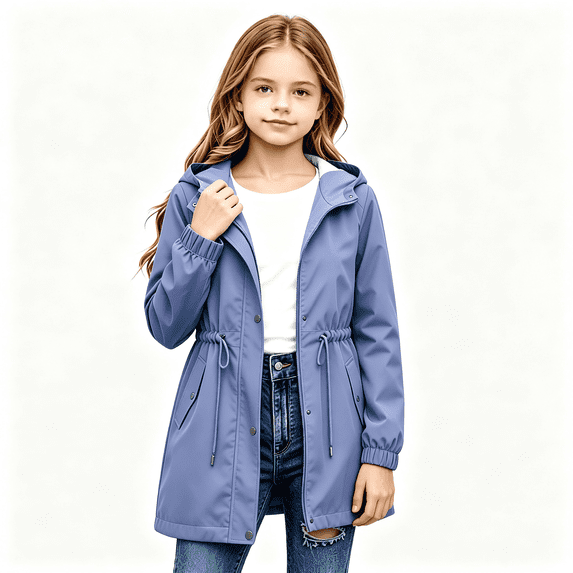 BXJX Girls Hooded Rain Jackets, Windproof Full Zip Drawstring Waist Water Resistant Outerwear with Pockets Purple Size 5-6 T