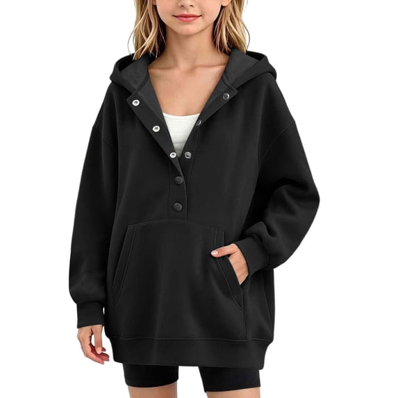 BXJX Girls Hoodies, Warm Front Pockets Long Sleeve Half Button Fall Pullover Sweatshirts Black Size 4-5 T