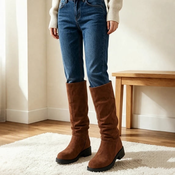 BXJX Girls Knee High Boots, Non-slip Outdoor Pull‑On Warm Winter Tall Boots Brown Size 1 Big Kids