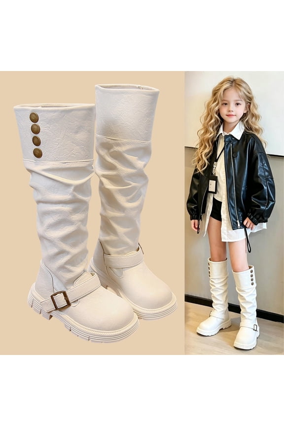 Girls Knee‑High Boots, Pull On Slip-Resistant Fashion Soft Sole Fall Winter Boots with Button White Size 1.5 Big Kids