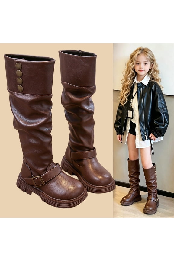 Girls Knee‑High Boots, Slip-Resistant Fashion Soft Sole Pull On Fall Winter Boots with Button Brown Size 9.5 Little Kids