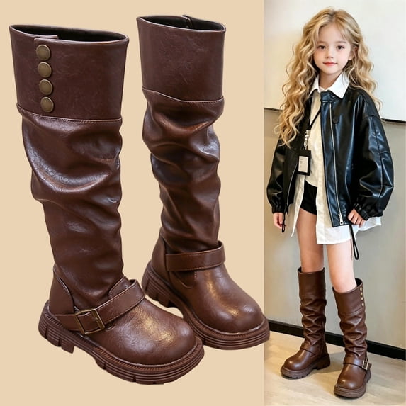 BXJX Girls Knee‑High Boots, Slip-Resistant Fashion Soft Sole Pull On Fall Winter Boots with Button Brown Size 9.5 Little Kids
