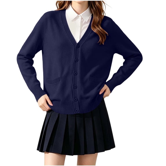 BXJX Girls Knit Cardigan Sweaters 7-16, Long Sleeve Cotton School Uniform Button Down Casual Cardigans with Pockets Navy