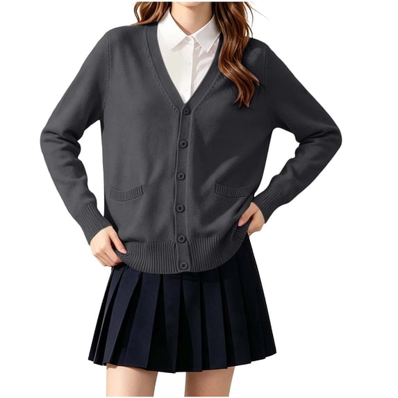 BXJX Girls Knit Cardigan Sweaters, School Uniform Cotton Long Sleeve Button Down Casual Cardigans with Pockets Dark Gray Size 7-8 T