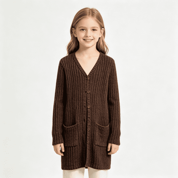 BXJX Girls Cardigan Sweaters, Long Sleeve Button Down Mid-length Knitted Fall Cardigans with Pockets Brown Size 11-12 T