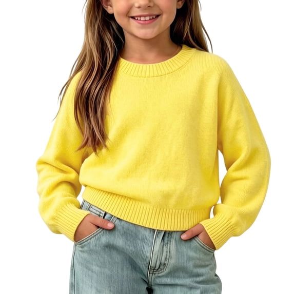 BXJX Girls Knit Cotton Sweaters, School Stretchable Long Sleeve Crew Neck Pullover Tops Yellow Size 1-2 T