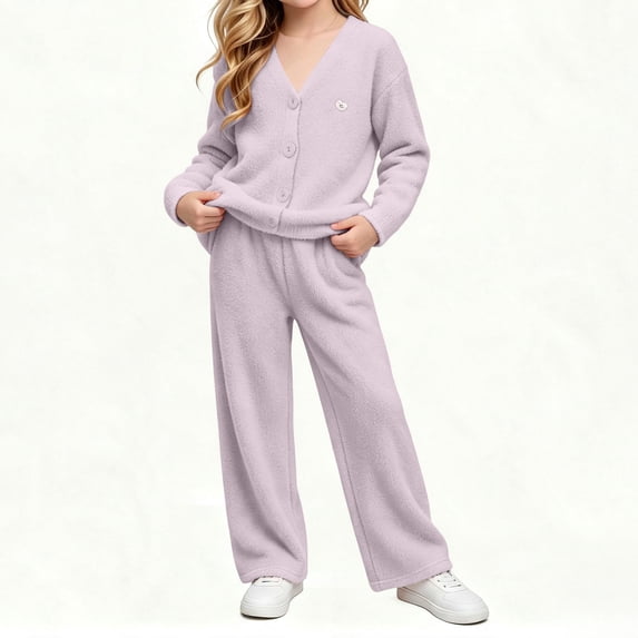 BXJX Girls Knit Outfit Sets Size 10-12 T, V Neck Button Down Long Sleeve 2 PC Cardigans & Wide Leg Pants Sets Purple