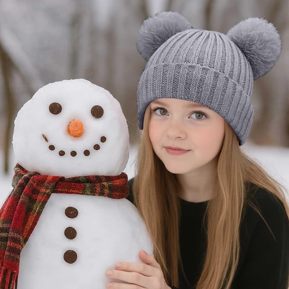 BXJX Girls Knit Pom‑pom Beanies, Warm Comfortable Casual Stretchable Winter Hats Gray Size Free Size