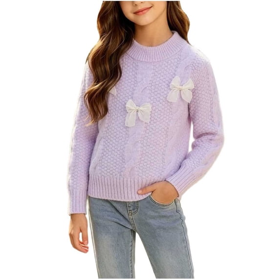 BXJX Girls Knit Sweaters, Fall Winter Long Sleeve Outdoor Crew Neck Pullover Warm Tops Purple Size 3-4 T