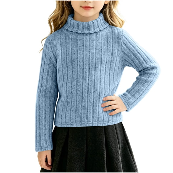 BXJX Girls Knit Sweaters, Long Sleeve Casual Warm Turtleneck Fall Pullover Tops Light Blue Size 9-10 T