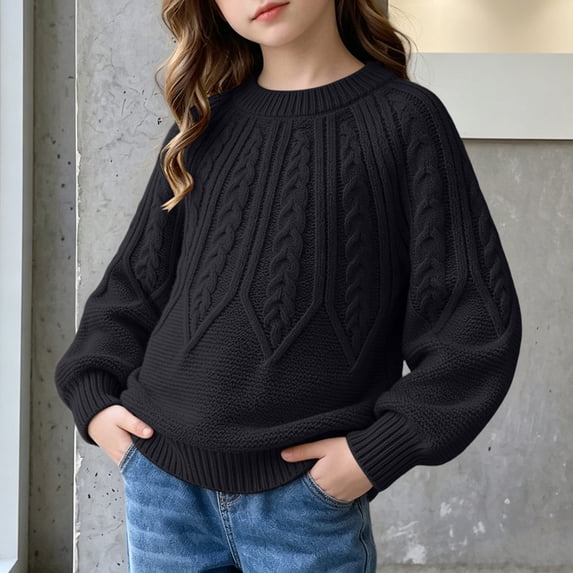BXJX Girls Knit Sweaters, Warm Long Sleeve Crew Neck Soft Pullover Tops for Fall Winter Black Size 10-12 T