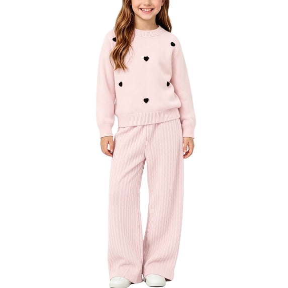 BXJX Girls Knitted Outfit Sets 2 Piece, Casual Crew Neck Spring Fall Long Sleeve Sweaters and Wide Leg Pants Sets Pink Size 3-4 T