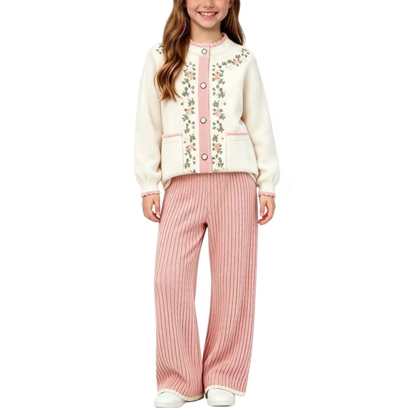 BXJX Girls Knitted Outfit Sets 2 Piece, Crew Neck Cute Long Sleeve Button Down Sweaters and Pants Sets White Size 1-2 T