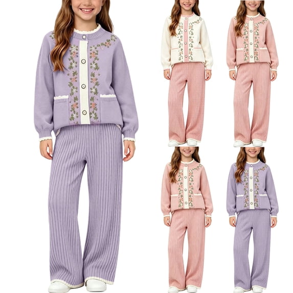 BXJX Girls Knitted Outfit Sets 2 Piece, Cute Button Down Crew Neck Long Sleeve Sweaters and Pants Sets Purple Size 6 T