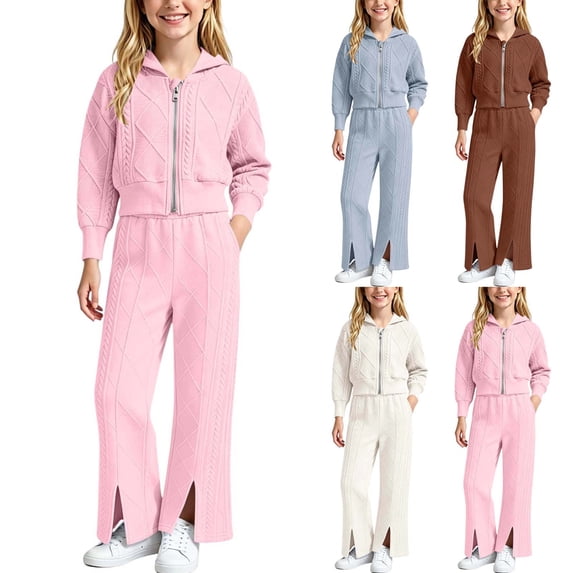 BXJX Girls Knitted Outfit Sets 2 Piece, Full Zip Hooded Long Sleeve Spring Fall Sweaters and Flare Pants Sets Pink Size 10-12 T