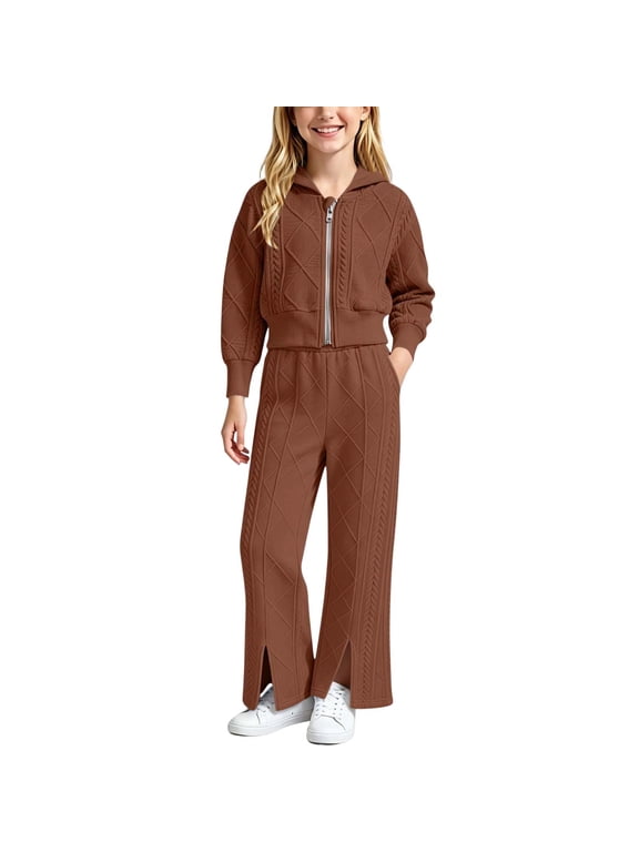 Girls Knitted Outfit Sets 2 Piece, Hooded Long Sleeve Spring Fall Full Zip Sweaters and Flare Pants Sets Coffee Size 13-14 T