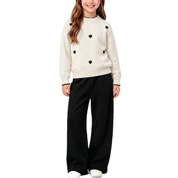 BXJX Girls Knitted Outfit Sets 2 Piece, Spring Fall Long Sleeve Crew Neck Casual Sweaters and Wide Leg Pants Sets White Size 7-8 T