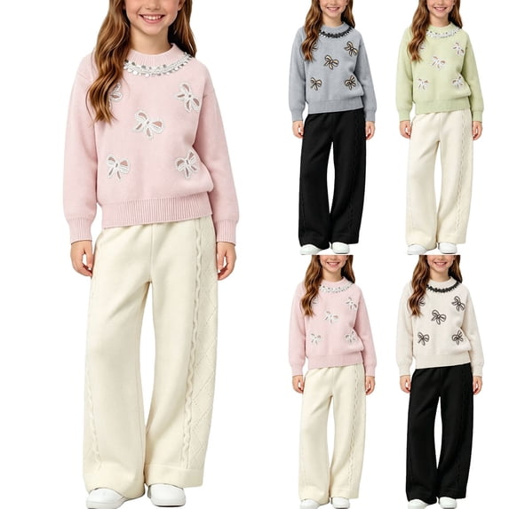 BXJX Girls Knitted Outfit Sets 2 Piece, Spring Fall Long Sleeve Crew Neck Cute Sweaters and Wide Leg Pants Sets Pink Size 8 T