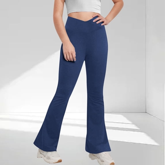 BXJX Girls Leggings, Yoga Stretchable Full Length High Waist Flare Pants for Kids Dark Blue Size 11-12 T