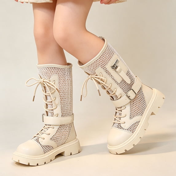 BXJX Girls Mesh Mid-Calf Boots, Non-Slip Breathable Solid Color Soft Sole Lace Up Boots White Size 12.5 Little Kids
