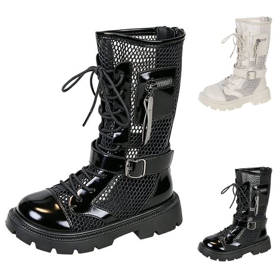 BXJX Girls Mesh Mid-Calf Boots, Soft Sole Solid Color Breathable Non-Slip Lace Up Boots Black Size 3 Big Kids