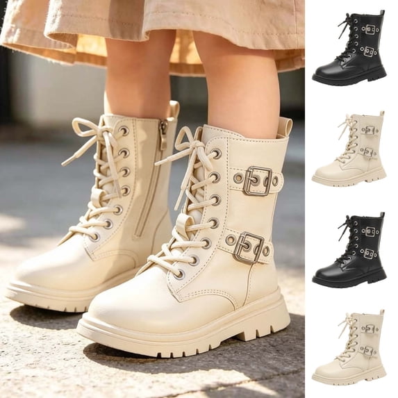 BXJX Girls Mid-Calf Boots, Side Zipper Fall Winter Non-Slip Outdoor Lace Up Boots Beige Size 13 Little Kids