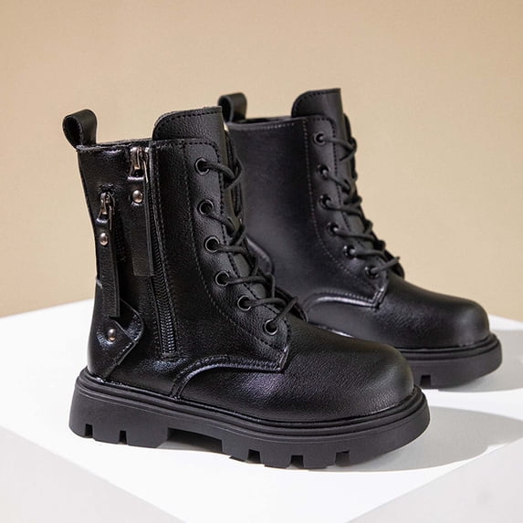 BXJX Girls Mid-Calf Boots, Side Zipper Lace Up Non-Slip Soft Sole Fall Winter Boots Black Size 2 Big Kids