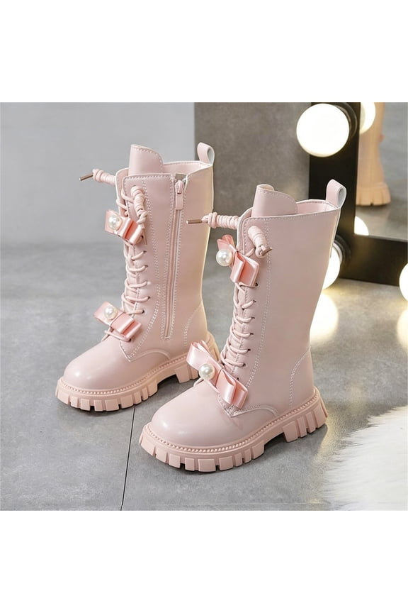 Girls Mid-Calf Boots, Side Zipper Lace-up Soft Sole Non-Slip Winter Riding Boots Pink Size 11 Little Kids