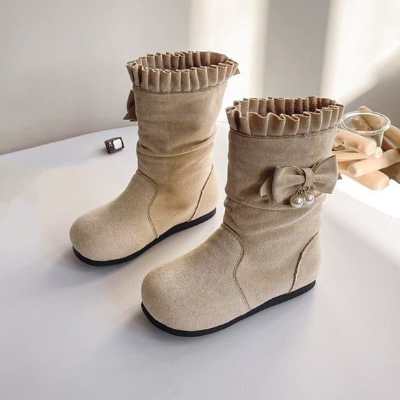 BXJX Girls Mid-Calf Boots Size 13, Fleece Lined Non-Slip Holiday Flat Sole Warm Shoes for Cold Weather Beige