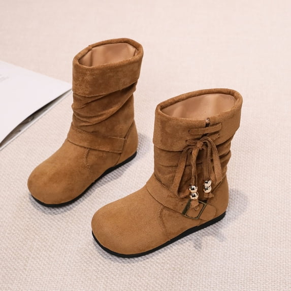 BXJX Girls Mid-Calf Boots, Slip‑on Flat Sole Fleece Lined School Winter Warm Shoes Brown Size 12 Little Kids