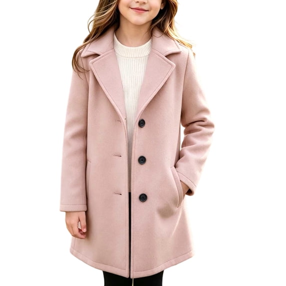 BXJX Girls Mid-length Peacoats, Wool Blend Long Sleeve Casual Lapel Collar Fall Winter Outerwear with Pockets Pink Size 12-13 T