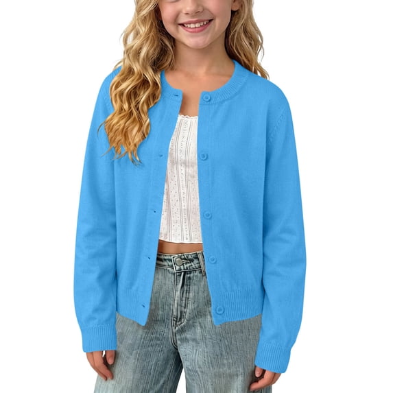 BXJX Girls Open Front Cardigans, School Crew Neck Casual Long Sleeve Kids Knitted Cardigan Sweaters Sky Blue Size 8-9 T