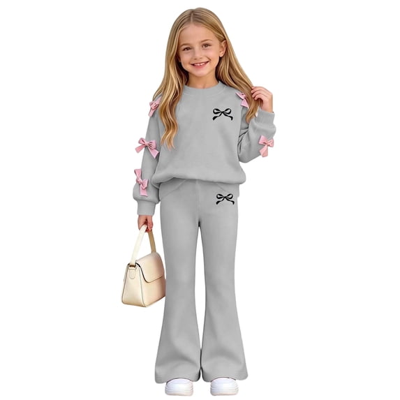 BXJX Girls Outfit Sets 2 PC, Crew Neck School Spring Fall Long Sleeve Kids Sweatshirts and Flare Pants Sets Gray Size 7-8 T