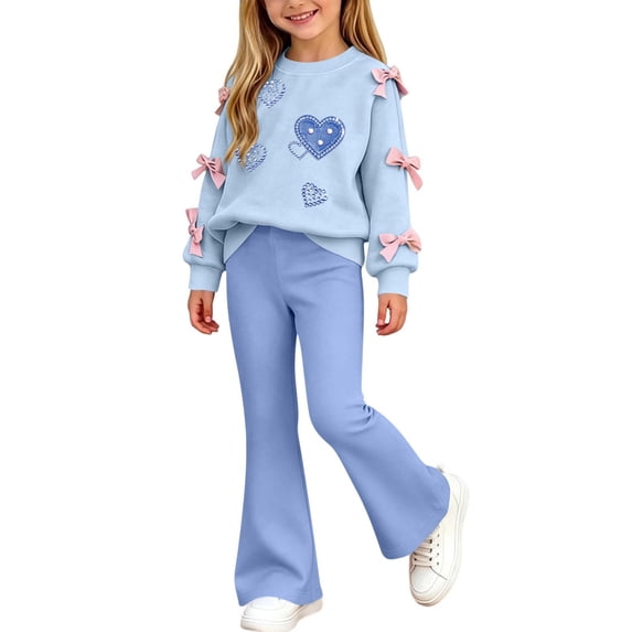 BXJX Girls Outfit Sets 2 PC, Long Sleeve Crew Neck Outdoor Spring Fall Kids Sweatshirts and Flare Pants Sets Blue Size 14-15 T