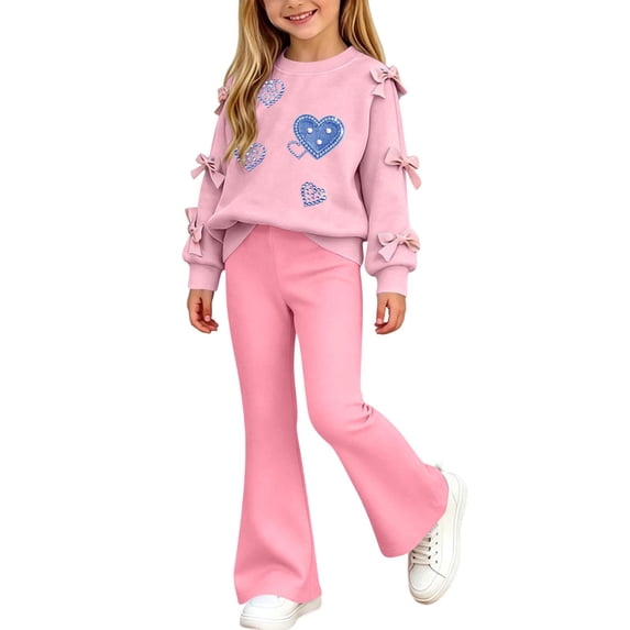 BXJX Girls Outfit Sets 2 PC Size 8, Outdoor Long Sleeve Crew Neck Spring Fall Kids Sweatshirts and Flare Pants Sets Pink
