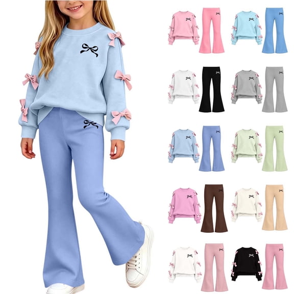 BXJX Girls Outfit Sets 2 PC Size 8, Spring Fall Long Sleeve Crew Neck School Kids Sweatshirts and Flare Pants Sets Blue