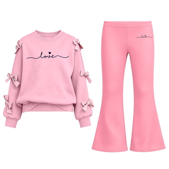 BXJX Girls Outfit Sets 2 Piece, Bow Decor Crew Neck Long Sleeve Spring Fall Kids Sweatshirts and Flare Pants Sets Pink Size 11-12 T