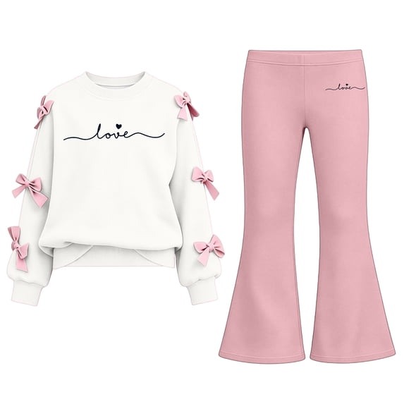 BXJX Girls Outfit Sets 2 Piece, Bow Decor Spring Fall Long Sleeve Crew Neck Kids Sweatshirts and Flare Pants Sets Beige Size 9-10 T